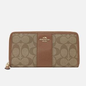 Coach Signature Canvas Zip Wallet in Khaki and Brown